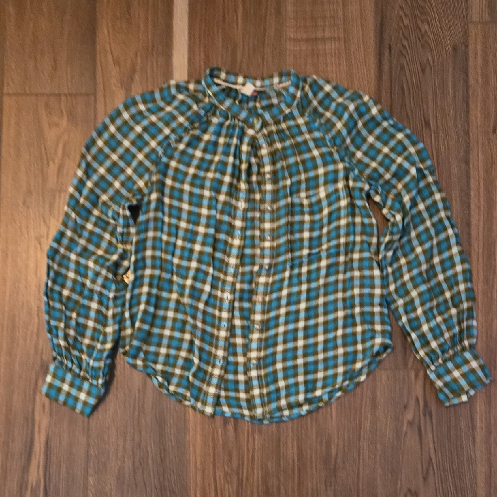 Pilcro Turquoise and Olive Checkered Top